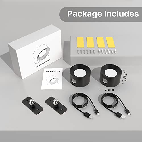 Image of LED Wall Light Indoor Pack of 2, 3 Brightness Levels, 3 Colour Modes, Bedside Lamp, 360 Rotating Touch Control Wall Lamps, Wall Lamp for Living Room, Bedroom, Hallway, Wireless Wall Lights (Black)