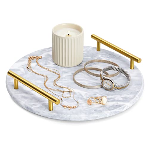 Round Marble Tray For Vanity With Handles, Geode Tray, Elegant White Marble And Gold Serving Board For Kitchen, Home Decor, Centerpiece Display (10.7X10.7X0.4 In) #TOP30