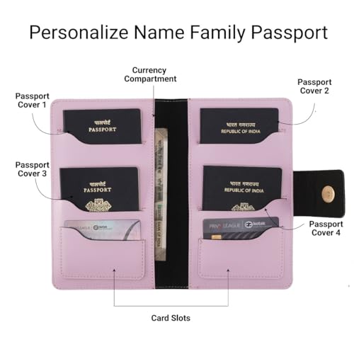 Image of AICA Personalized Name & Charm Leather Family Passport Cover for 4 with (Purple) Passport Wallet Boarding Pass Currency Card Slot & Coin Holder for Men & Women | Family Passport Cover