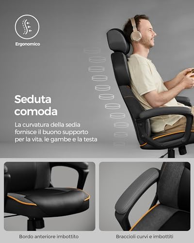 Sedia da Ufficio, Sedia da Gaming, Regolabile in Altezza, PU e Cotone-lino, Poggiatesta Regolabile, Braccioli Imbottiti, Schienale Oscillante, Portante 150 kg, Nero Classico OBG066B01 - Sedia gaming - Immagine 5