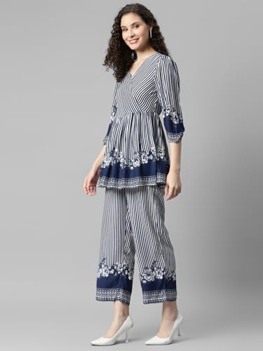 Image of DEEBACO Women's Stripes Print Rayon Top & Pants Co Ord Set for Women V Neck 3 /4 Puff Sleeve Ladies Party Casual Wear Fashionable for Girls Loose Fit Cord Set (DBCOMR00000980 M Multicolor)