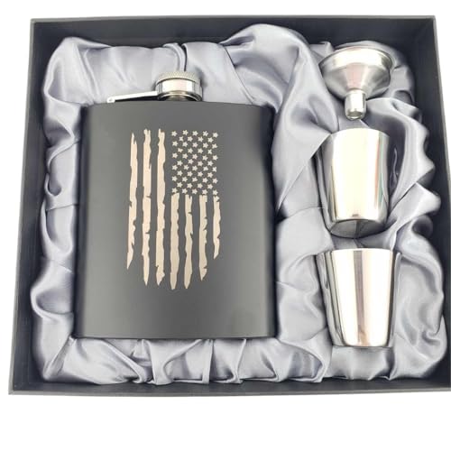 Whiskey Flask for Men, American Flag Whisky Flask Liquor for Women, Military Gifts for Men Birthday Gifts (Black)