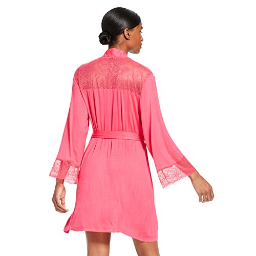 Bebe Womens Long Sleeve Lace Trim Belted Pockets Bathrobe Bright Rose Large #TOP1