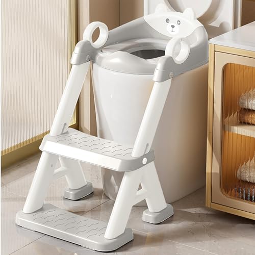 Image of PandaEar Toilet Potty Training Seat with Step Stool Ladder, Comfortable Safe Potty Seat with Anti-Slip Pads Ladder & Bear Design for Kids Boys Toddlers -Grey