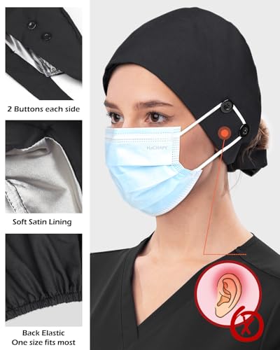 Image of 2 Pcs Satin Lined Scrub Cap Nurse Hats for Women Men 4 Buttons