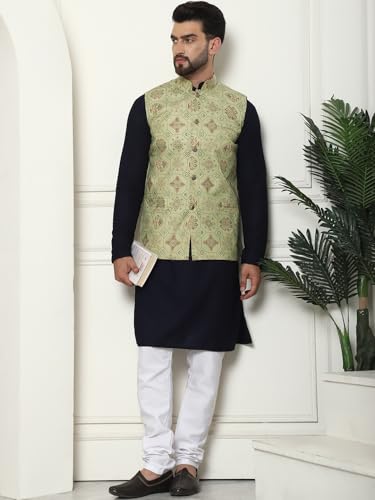 Image of SOJANYA (Since 1958 Men's Cotton Linen Maroon Kurta and White Pyjama with Mustard Cotton Nehru Jacket
