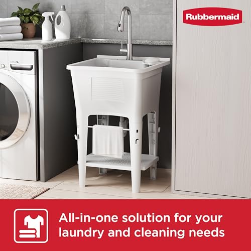 Image of Rubbermaid Utility Sink Laundry Tub, Freestanding All-in-One Sink with Premium Stainless Steel Sprayer Faucet, for Laundry Room, Basement, Garage, 24.1 inch L x 24.1 inch W x 52.5 inch H, White