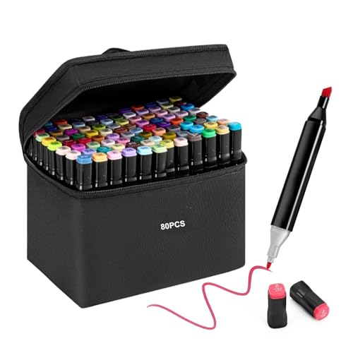 80 Colors Alcohol Markers Set Colouring Art Marker Pens Dual Tip Graphic Sketch Pens Coarse Pens with Carry Case for Sketching Painting Manga Design (Black)