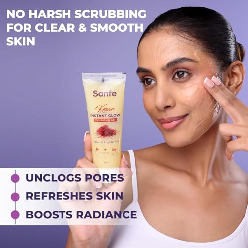 Image of Sanfe Kesar Instant Glow Exfoliating Gel | Visibly removes tan & brighten skin | AHA Exfoliation in Minutes | Smooth & Bright Skin | (Pack of 2) 200g