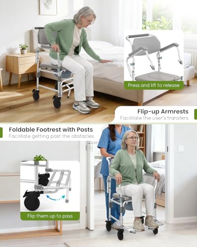 Bedside Commode Wheelchair with Drop Arms Lockable Casters, Waterproof Aluminum Shower Chair, Anti-Tilt Foldable Footrest, Sponge Padded Seat, 330lbs Weight Capacity, 3 in 1 Bedside Commode Chair