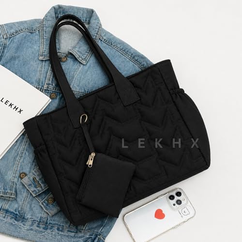Image of LX LEKHX Tote Bag for Women | Lightweight Shoulder Handbag with 2 Main Zip Compartments & Multiple Pockets | Water Resistant Polyester Fabric | Office, Travel & Daily Use