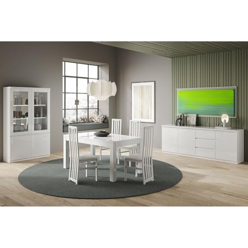 AltoBuy DEYTON - Ensemble Séjour Complet Laqué Blanc Table 138cm + Buffet + Vitrine avec LEDs