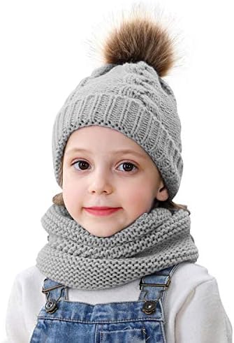TAGVO Winter Kids Knitted Beanie Hat Circle Scarf Set, Elastic Soft Warm Toddler Beanie Cap with Neck Warmer for Baby Childrens Girls Boys