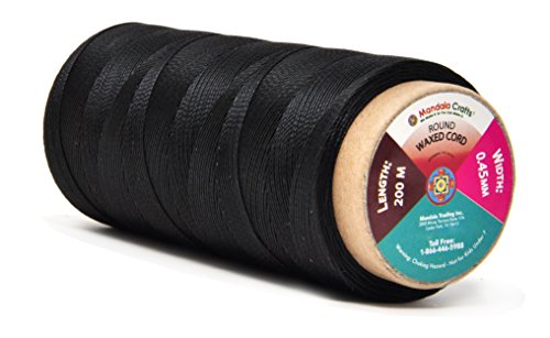 Mandala Crafts Black Round Waxed Thread for Leather Sewing - 219 Yds 200M 0.45mm Polyester Leather Thread String Waxed Cord for Leatherwork, Beading, Bookbinding, Hand Stitching