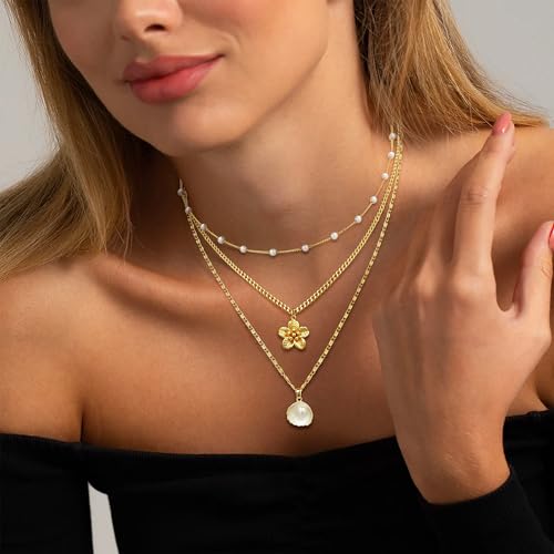 ASCOMY Gold Necklace for Women 14K Gold/Silver Plated Layered Necklaces Stackable Layering Cross Necklace Stacked Coin Pendant Pearl Herringbone Chain Stacking Gold Choker Trendy Jewelry Gift for Her3