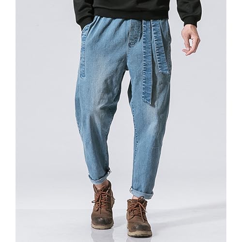 Men’s Elastic Waist with Belt Jeans Casual Solid Loose Fit Jeans Cargo Joggers with Pockets Jean2