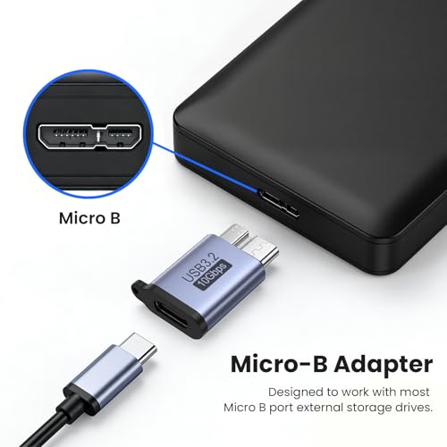 leizhan Adapter USB typu C na Micro-B (2-pak), USB 3.2 10 Gbps typ C na Micro-USB-B, kompatybilny z Western Digital, Toshiba, HDD, Seagate, WD itd.