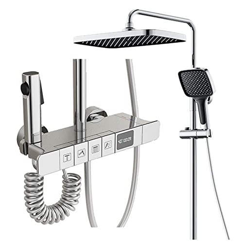 Exposed Shower System with Digital Temperature Display, Chrome Shower Faucet Set, Rainfall Shower Head with Handheld, Include Tub Spout and Handheld Bidet Toilet Sprayer, Shower Kit