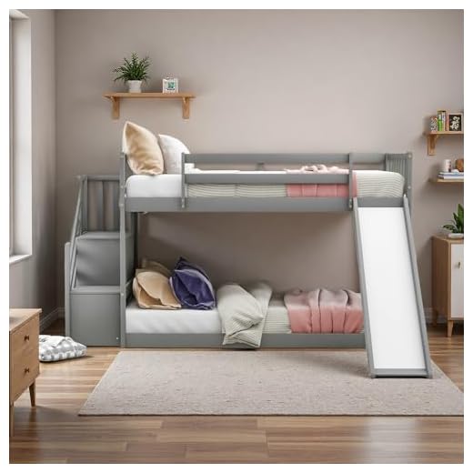 SOFTSEA Junior's Twin Over Twin Bunk Bed with Stairs and Slide, Solid Wood Floor Bunk Bed with Storage Space for Kids Teens Juniors, Multifunctional Design(Grey)