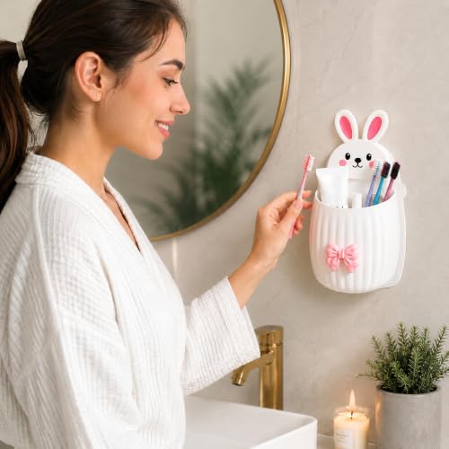 Image of Cute Rabbit Wall Mounted Toothbrush Holder | Self Adhesive Bathroom Organizer for Toothbrush, Toothpaste, Comb & Makeup Brushes | Bathroom Accessories for Kids & Home (Pink Green Rabbit)