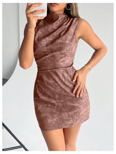 Image of RoseSeek Women's PU Leather Ruched Bodycon Dresses Mock Neck Sleeveless Zipper Mini Tank Dress