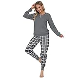 Mnemo Schlafanzug Damen 100% Baumwolle Bequemer Pyjama Damen Baumwolle mit Karomuster (Grau & Schwarz, M)