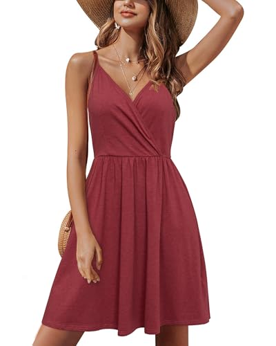 STYLEWORD Women's Summer Sundress Spaghetti Strap V Neck Casual Flowy Sundress with Pocket Cruise Outfits 2026(Flower Red-429,XXL)