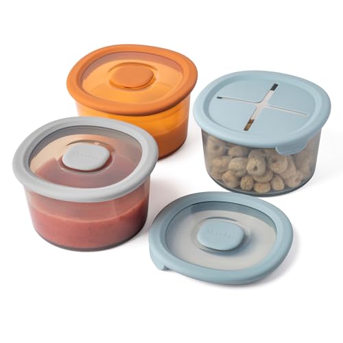 Moonkie Silicone Baby Food Storage Containers | 240 ml Baby Food Jars with Airtight Lids and A Snack Lid | Snack Containers for Toddler | BPA Free | Freezer & Dishwasher Safe | 3 Pack (Ether)