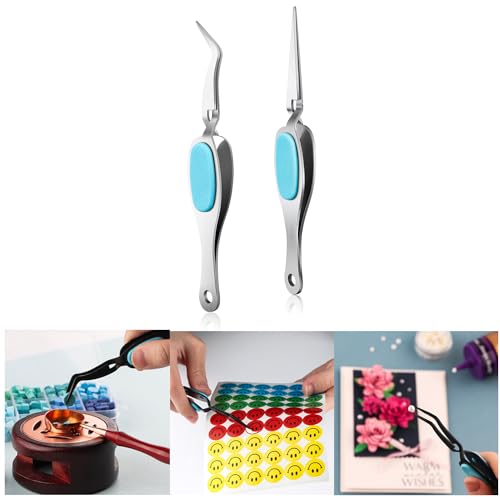 OTCRAFT 2Pcs Reverse Tweezers Craft Tweezers Crossing Lock Tweezers Reverse Grip Precision Curved Bent Straight Tweezers Fine Tip for DIY Craft Rhinestones and Small Embellishments