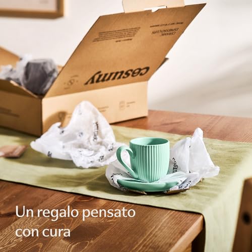 Miniatura 6 de Cosumy Tazas De Café Espresso Con Platos - 6 Tazas 90ml Con Asa Para Espresso Con Diseño Único A Rayas - Cerámica Mate - Aptas Para Lavavajillas - Pastel