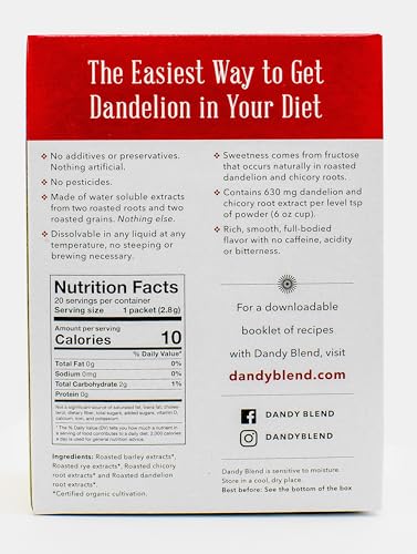 Image of 20 Organic Individual Servings of Organic Dandy Blend Instant Herbal Beverage Powder with Dandelion, 2 oz Box