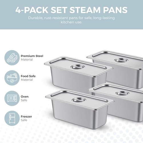 ALPHA LIVING 4 Pack Stainless Steel Steam Table Pans with Lids, 1/3 Size 6” Deep Hotel Pans for Catering, Buffet, Restaurant, or Home Use – Durable Anti-Rust Reusable Food Storage Trays - Thumbnail 2