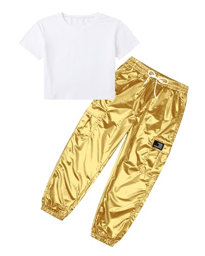 Image of SANGTREE Girls Shiny Hip Hop Outfits,Crop Top Cargo Joggers,4T‑14Y