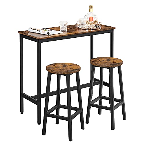VASAGLE Dining Table Set Bar Table and Stools Breakfast Bar Table with 2 Round Bar Stools Industrial Steel Frame Rustic Brown and Ink Black LBT219B01