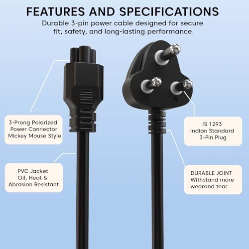 Image of Sounce Heavy Duty Insulated Laptop Power Cable Compatible with HP Dell Lenovo ASUS 250V AC Universal 3 Pin Adapter with Male to Female Connector 1 Meter 3.3 Feet Safe Durable Power Cord (Black)
