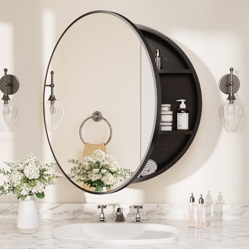 Image of TETOTE 24 x 24 Inch Medicine Cabinet Mirror Black Framed Round Mirrored Medicine Cabinets for Bathroom Adjustable Shelves Modern Bathroom Mirror with Storage Wall Mounted