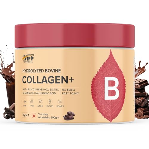 Image of MyFitFuel Hydrolyzed Bovine Collagen (100gm, Chocolate) with Biotin, Hyaluronic Acid, Zinc, Vitamin C & Glucosamine | For Skin, Hair, Nails & Joints