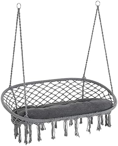 Outsunny Hanging Hammock Chair Cotton Rope Porch Swing with Metal Frame and Cushion, Large Macrame Seat for Patio, Garden, Bedroom, Living Room, Dark Grey