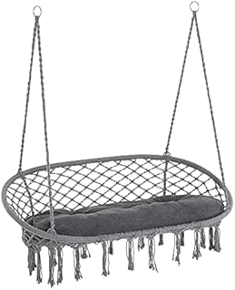 Outsunny Hanging Hammock Chair Cotton Rope Porch Swing with Metal Frame and Cushion, Large Macrame Seat for Patio, Garden, Bedroom, Living Room, Dark Grey