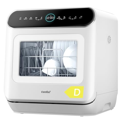 COMFEE' Table Top Dishwasher 7+3 Programs Mini Tabletop Dishwasher No Plumbing, 6L Built-in Water Tank, Hygiene Wash, Auto Door Open Drying, Baby Care, Energy Class D- White
