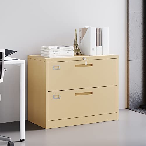 Bynsoe 2 Drawer Lateral File Cabinet Metal Filing Cabinet With Lock Office Home Lateral File Cabinet For A4 Legal/Letter Size Wide File Cabinet Locked Assembly Required (Yellow, 2 Drawers-Lateral) #TOP1