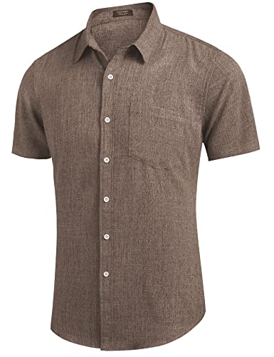 Coofandy Men's Casual Linen Button Down Shirt Short Sleeve Beach Shirt Brown #TOP2