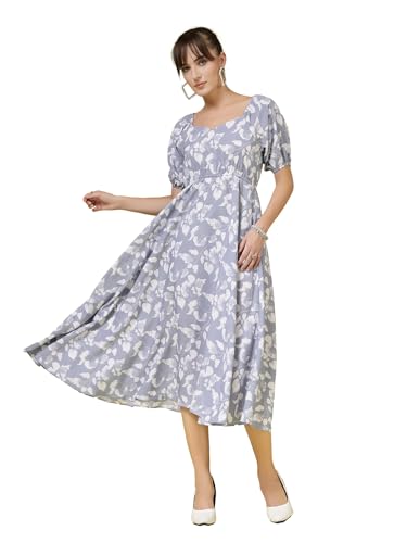 Image of OOMPH! Below Knee Shift Pink Dress in Crepe Fabric with Round Neck and Puff Sleeves - md619l