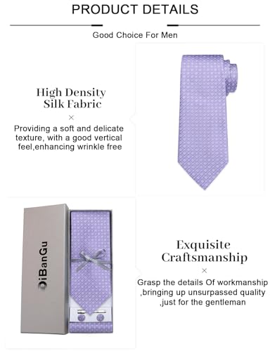 Image of DiBanGu Plaid Ties for Men Silk Checkered Necktie and Pocket Square Cufflinks Tie Clip Set with Gift Box for Wedding Business