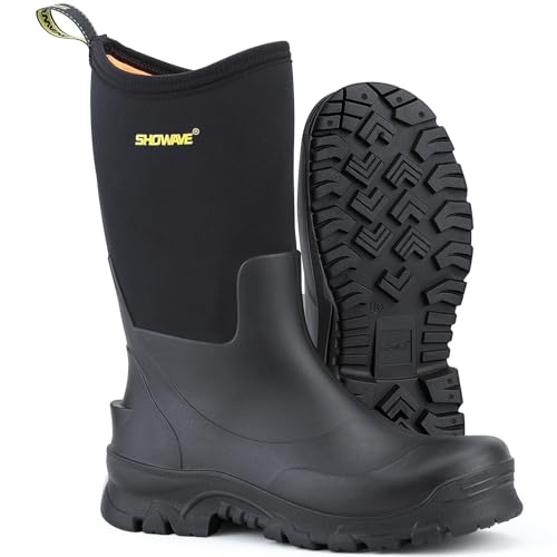 Showave Men's Rain Boots Mid Calf Mud Boot Waterproof Insulated Rubber Boots for Gardening Working and Outdoor(Black 10)