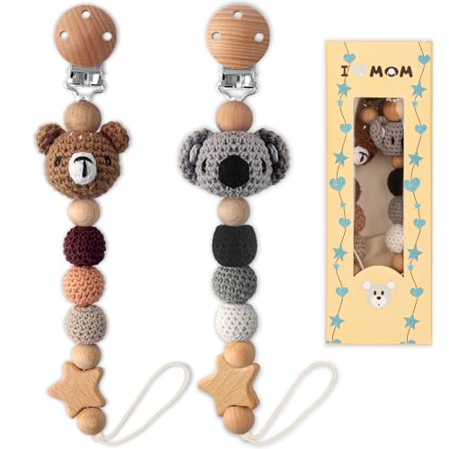 Image of LSTRAGY Pacifier Clip, 2 Pack Pacifier Clips for Boys and Girls, Cute Koala & Bear Handmade Knitted Pacifier Holder Fits for Most Pacifier, Baby Teethers, Baby Shower and Baby Gift