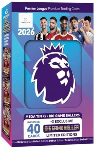 Premier League 2026 new - One Random Mega Tin - 40 Cards Including 3 Exclusive LE 25/26 Soccer Cards + Bundle with Hassential Sticker Premier League Soccer Cards