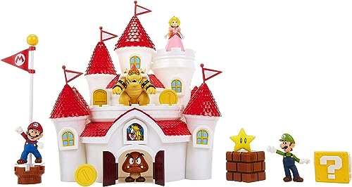 Super Mario Nintendo Deluxe Mushroom Kingdom Castle, Wall Display & Playset with (5) 2.5" Articulated Action Figures (Exclusive Bowser Figure, Princess Peach, Mario, Luigi & Goomba)