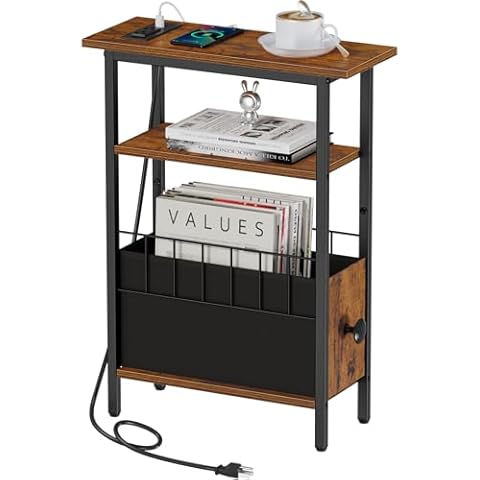 Snughome Narrow Side Table with Charging Station, Slim End Table for Small Spaces, 3 Tier Skinny Nightstand with Drawer, Sofa Beside Table with Storage Shelf for Living Room Bedroom Cover