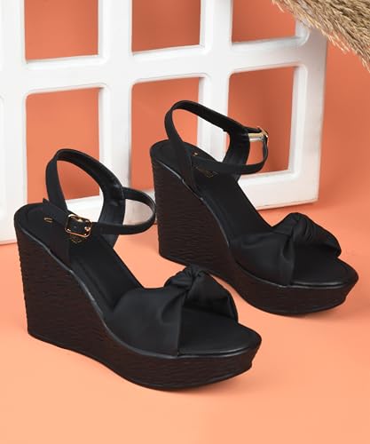 Image of JM LOOKS Elegant Ruched Knot Wedge Sandals with Woven Texture Heel and Adjustable Ankle Strap Comfort
